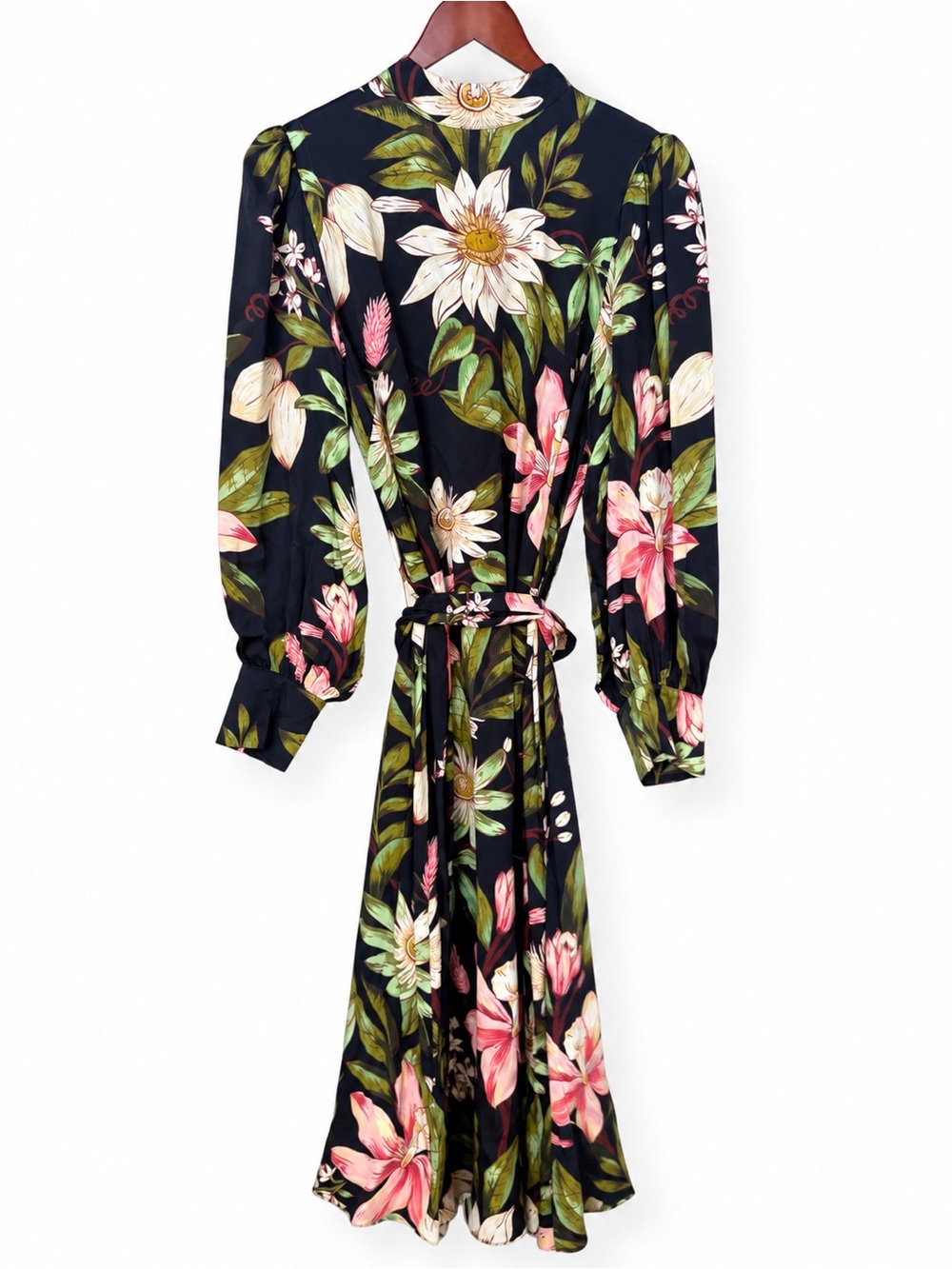 FARM Rio Surreal Flowers Black Midi Dress Women's L NWT Floral Belted